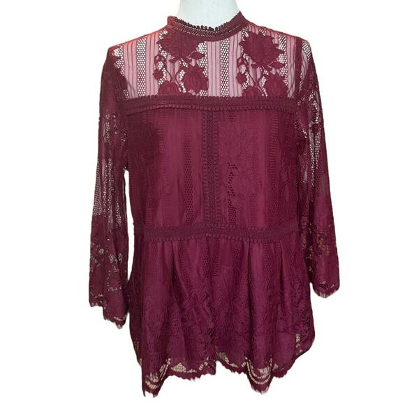 NWT Miss Cheivous Burgundy Boho Lace Layered 3/4 Sleeve Blouse, Women’s L - Picture 1 of 9